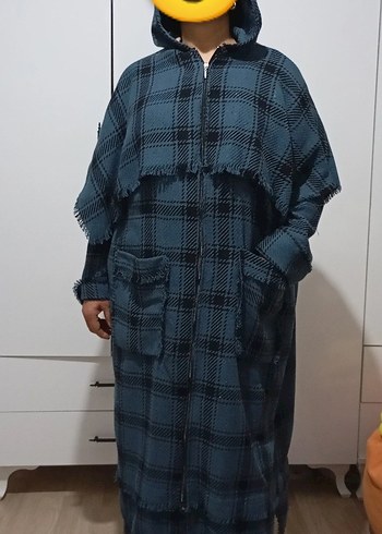 mavi Ekose Desenli Uzun Kadın Kaban - Görsel 4