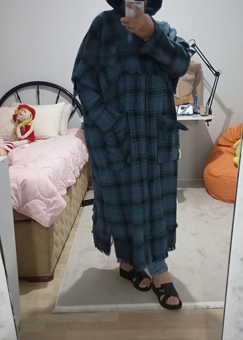 mavi Ekose Desenli Uzun Kadın Kaban - Görsel 7