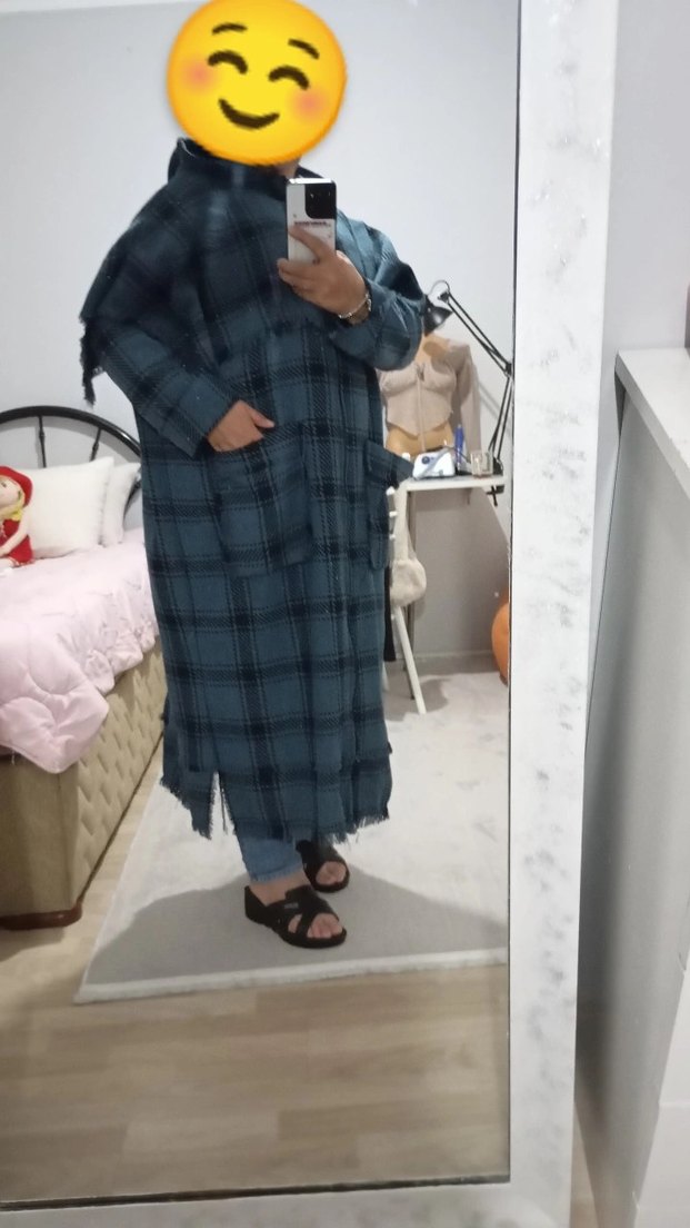 mavi Ekose Desenli Uzun Kadın Kaban - Görsel 5