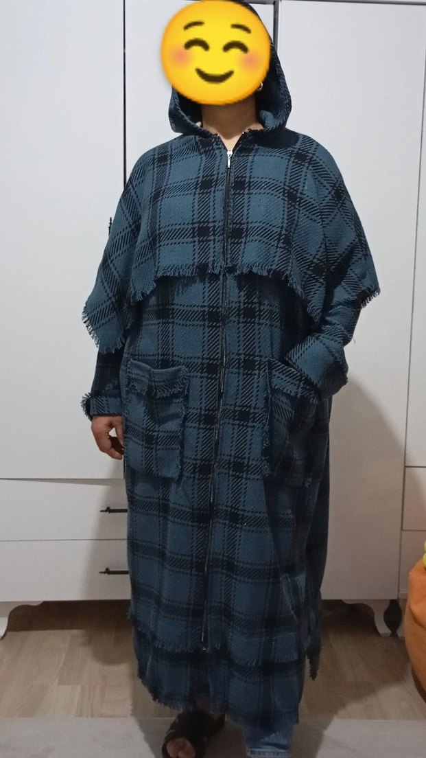 mavi Ekose Desenli Uzun Kadın Kaban - Görsel 4