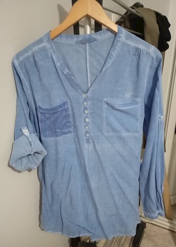 xl Beden mavi Renk Mavi Denim V Yaka Kadın Gömlek