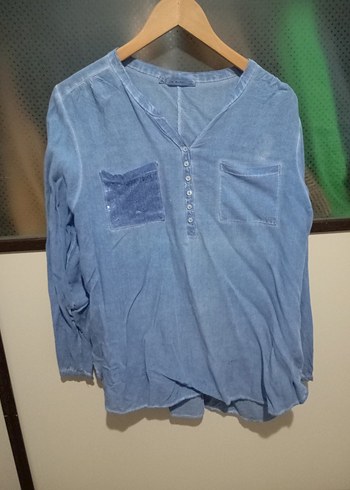 Diğer Mavi Denim V Yaka Kadın Gömlek