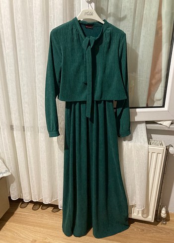 Diğer Koyu Yeşil Vintage Uzun Kollu Bohem Elbise