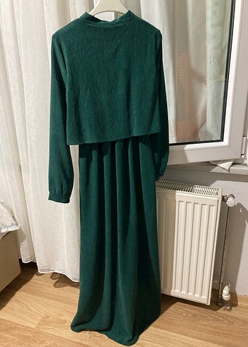 38 Beden Koyu Yeşil Vintage Uzun Kollu Bohem Elbise