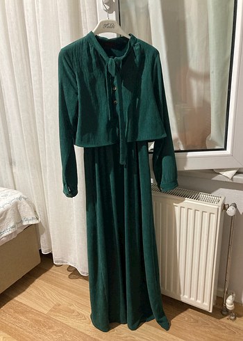 Koyu Yeşil Vintage Uzun Kollu Bohem Elbise