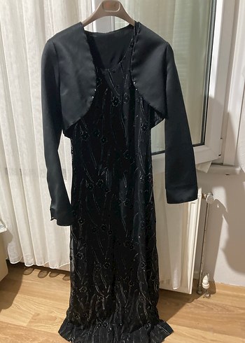 Diğer Uzun Kollu İşlemeli Siyah Gotik Abiye Elbise