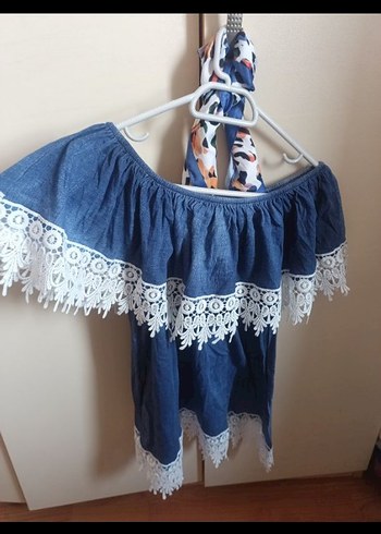 H&M Dantel Detaylı Mavi Kot Mini Bluz