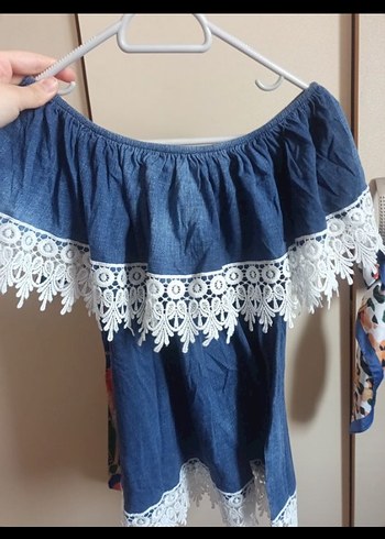 38 Beden mavi Renk Dantel Detaylı Mavi Kot Mini Bluz