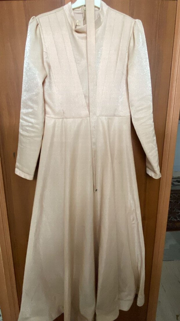 Bej Uzun Kollu V Yaka Drapeli Kadın Elbise - Görsel 2