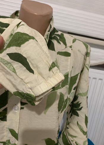 Uzun Kollu Yeşil Baskılı Keten Elbise - Görsel 7