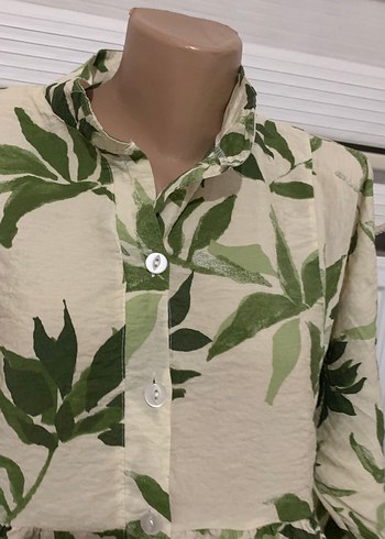 Uzun Kollu Yeşil Baskılı Keten Elbise - Görsel 6