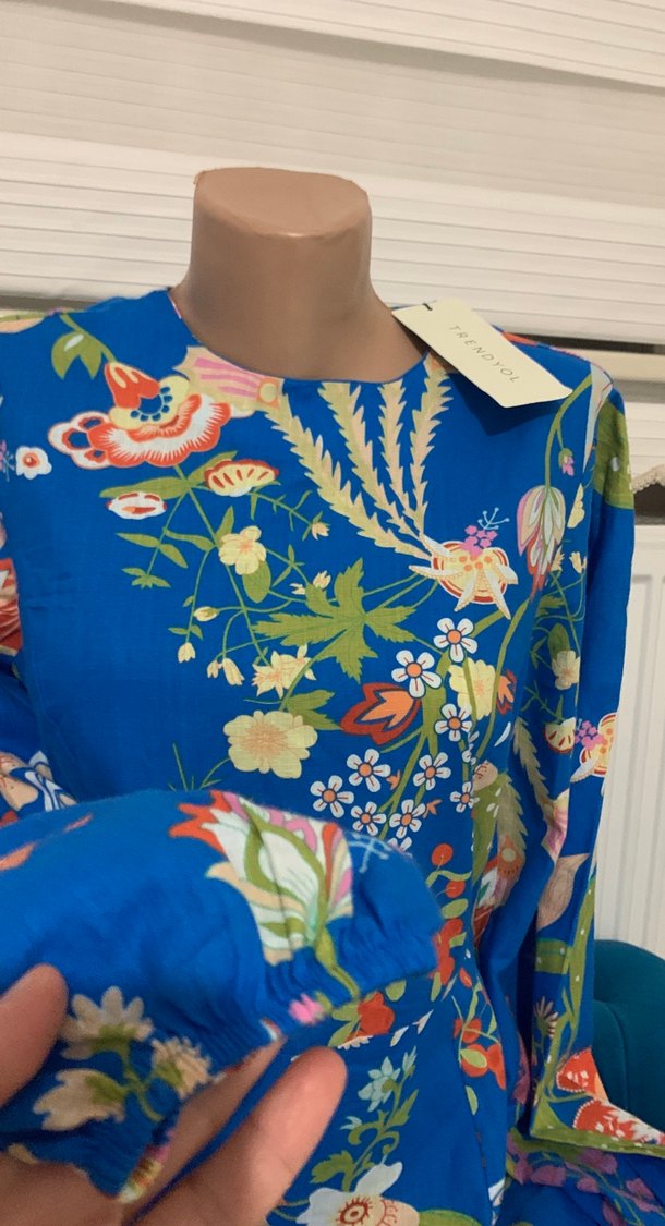 Mavi Çiçek Desenli Uzun Bohem Elbise - Görsel 5