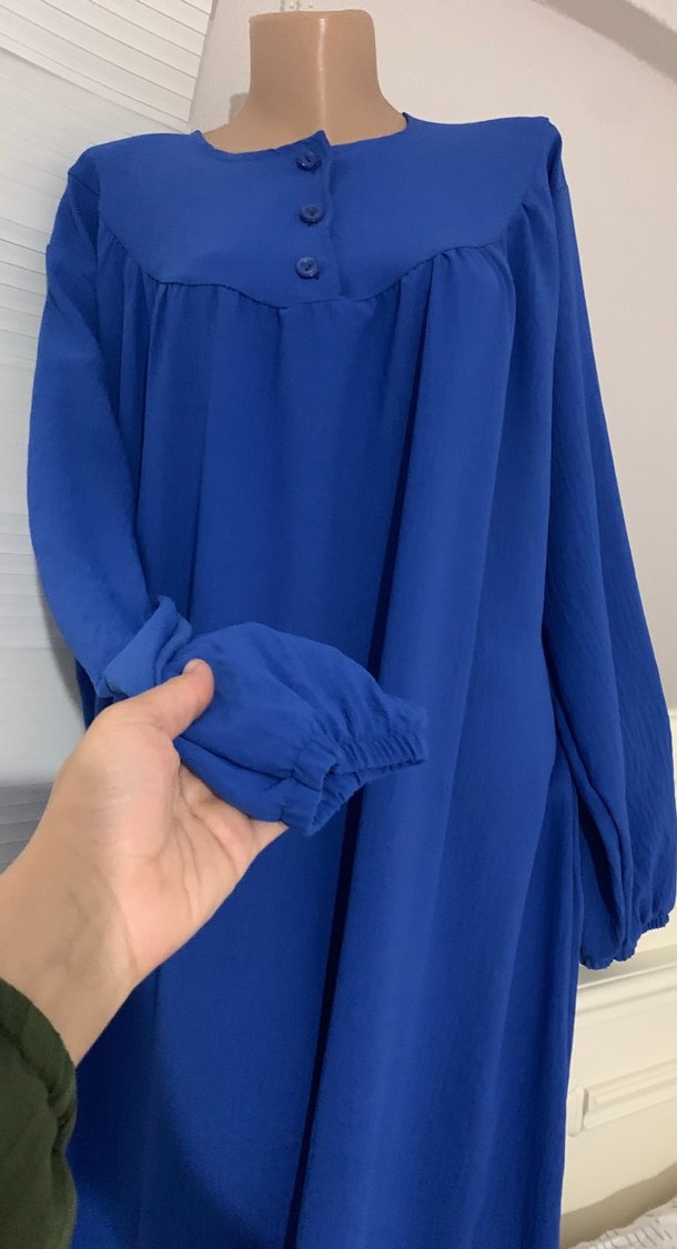 Uzun Kollu Mavi Salaş Kadın Elbise - Görsel 4