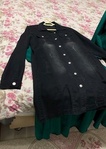 Siyah Kadın Denim Ceket, Düğmeli, Normal Boy - Görsel 2