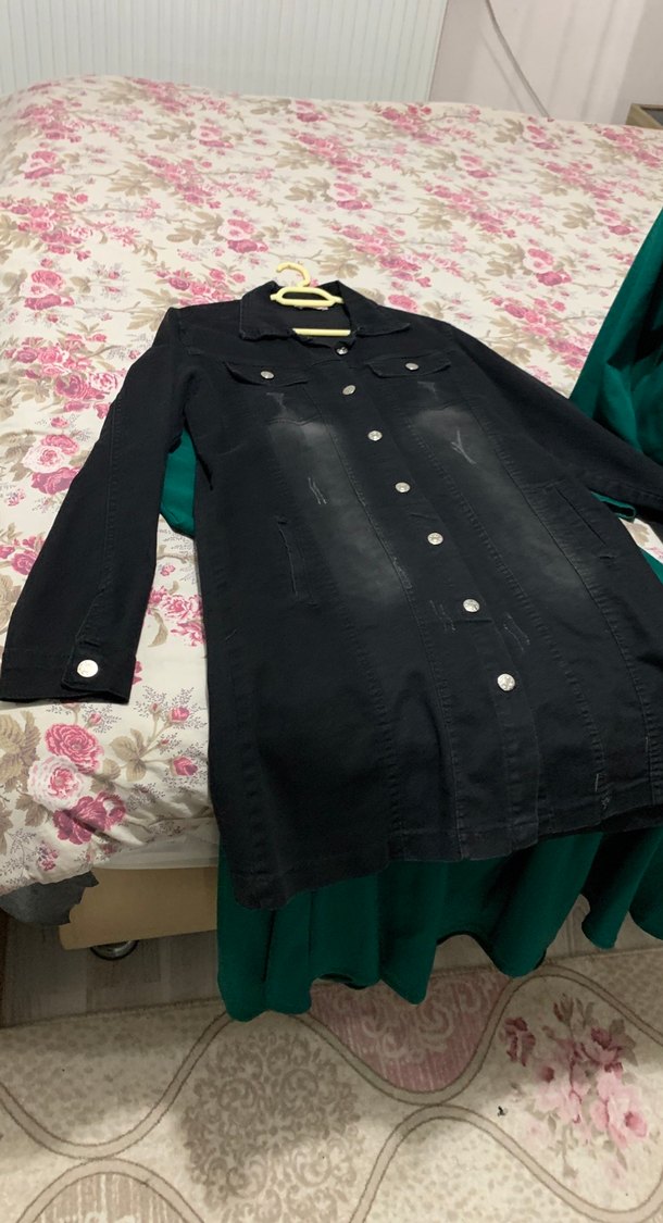 Siyah Kadın Denim Ceket, Düğmeli, Normal Boy - Görsel 2