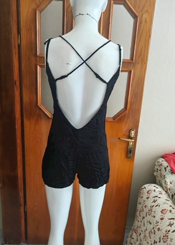 Siyah Mini Saten V Yaka Kadın Tulum - Görsel 4