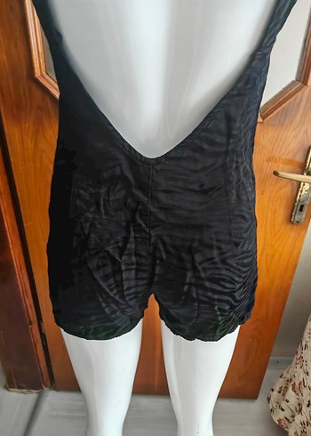 Siyah Mini Saten V Yaka Kadın Tulum - Görsel 6