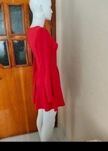 Uzun Kollu Kırmızı Mini Elbise - Görsel 4