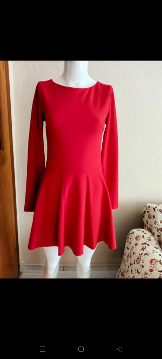 Uzun Kollu Kırmızı Mini Elbise - Görsel 2