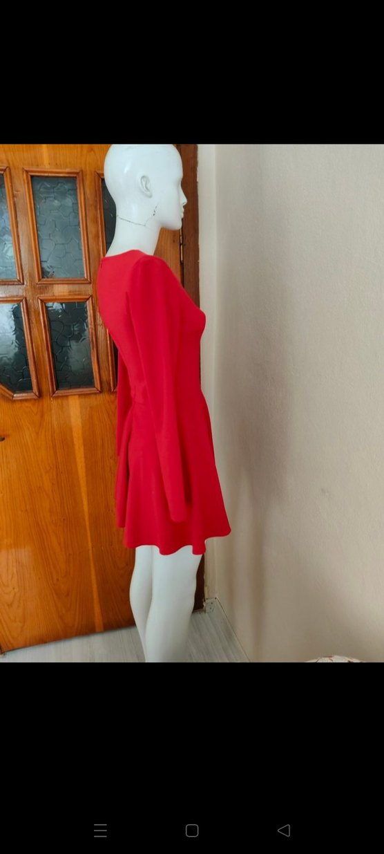 Uzun Kollu Kırmızı Mini Elbise - Görsel 4