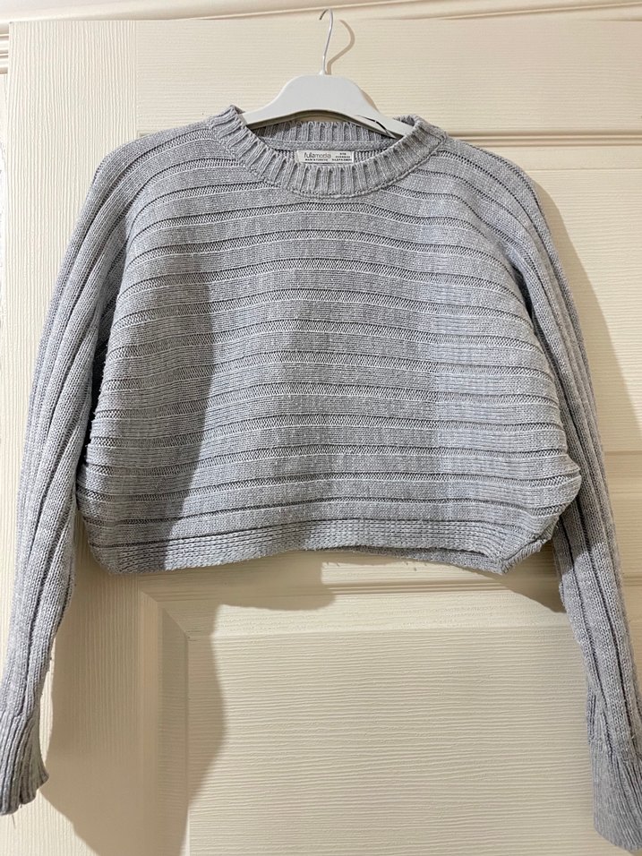 Gri V Yaka Triko Midi Elbise - Görsel 2