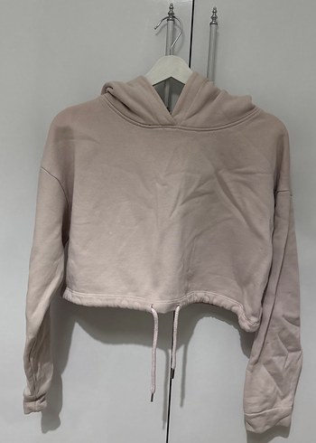 Pembe Kapüşonlu Crop Sweatshirt