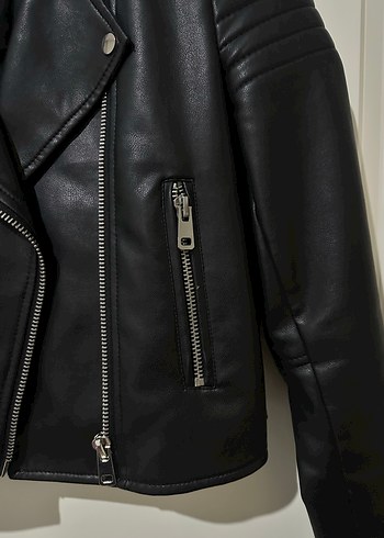 Siyah Kadın Deri Biker Ceket - Görsel 7