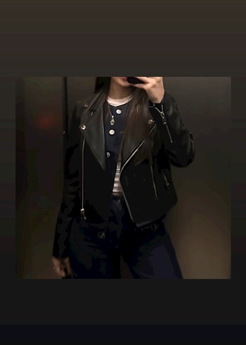 Siyah Kadın Deri Biker Ceket - Görsel 6