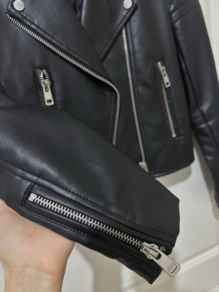 Siyah Kadın Deri Biker Ceket - Görsel 3