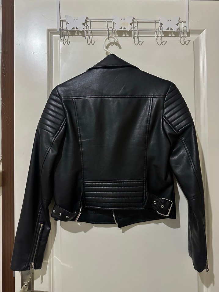 Siyah Kadın Deri Biker Ceket - Görsel 2