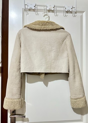 Bej Süet Kadın Mini Kürklü Ceket - Görsel 4