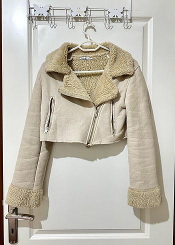 Bej Süet Kadın Mini Kürklü Ceket - Görsel 2