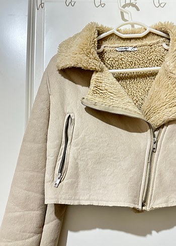 Bej Süet Kadın Mini Kürklü Ceket - Görsel 3