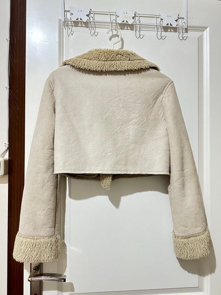 Bej Süet Kadın Mini Kürklü Ceket - Görsel 4