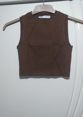 Kahverengi Süet Kolsuz Crop Top