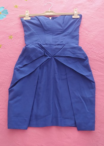 Mavi Drapeli Straplez Midi Elbise - Görsel 3