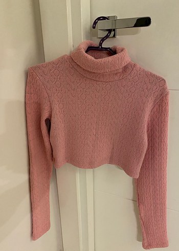 Pembe Balıkçı Yaka Örgü Kadın Kazak Crop