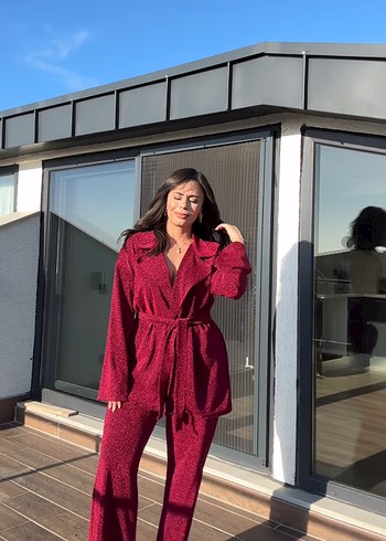 Bordo Kemerli Kadın Midi Takım - Görsel 3