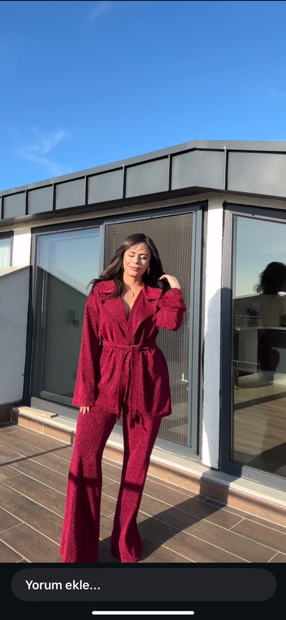 Bordo Kemerli Kadın Midi Takım - Görsel 3