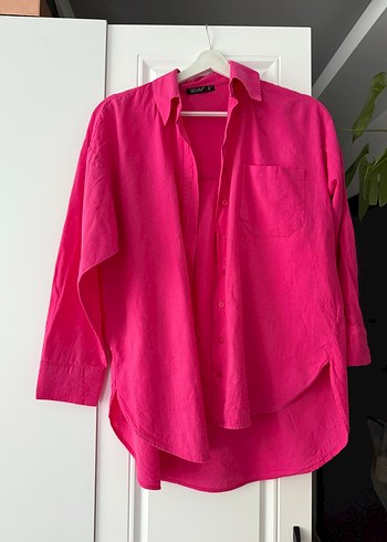Pembe Keten Düğmeli Kadın Gömlek