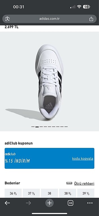 36 Beden beyaz Renk Adidas Ayakkabı