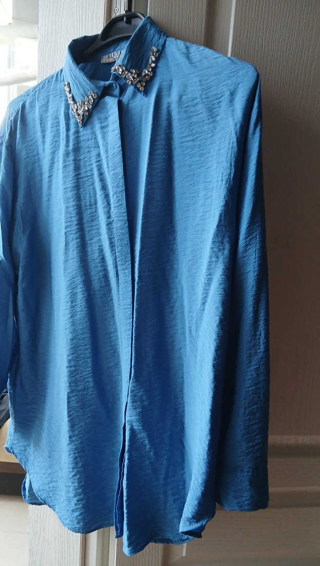 Mavi Drapeli Kadın Gömlek - Görsel 3