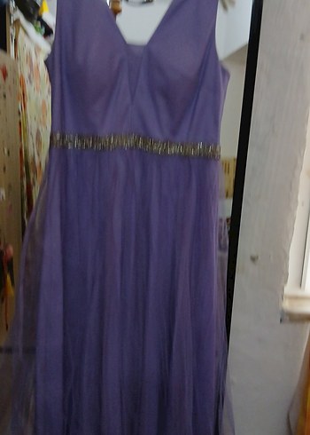 Uzun Mor V Yaka Drapeli Abiye Elbise - Görsel 3