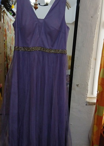 Uzun Mor V Yaka Drapeli Abiye Elbise - Görsel 2