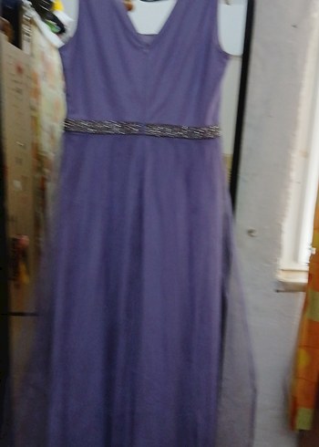 Uzun Mor V Yaka Drapeli Abiye Elbise - Görsel 8