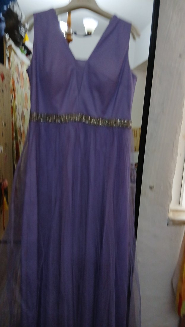 Uzun Mor V Yaka Drapeli Abiye Elbise - Görsel 3