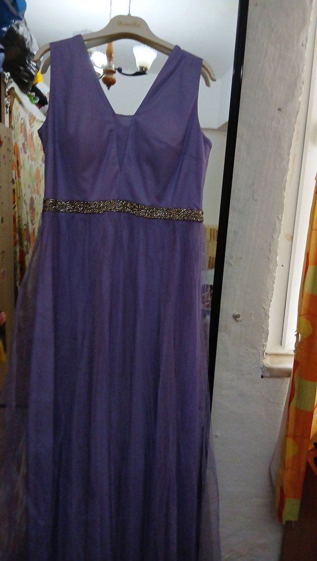 Uzun Mor V Yaka Drapeli Abiye Elbise - Görsel 2