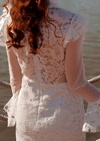 Dantel Detaylı Uzun Kollu Beyaz Nikah, nişan Elbisesi