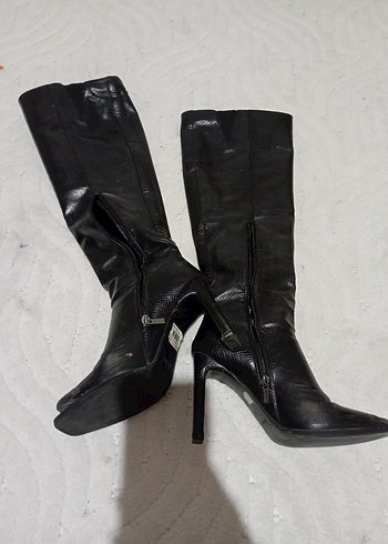 Siyah Yılan Desenli Deri Dizüstü Topuklu Çizme - Görsel 3