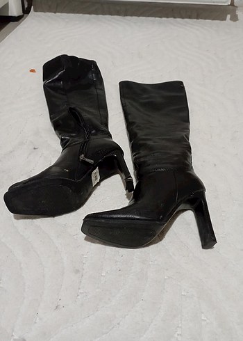 Siyah Yılan Desenli Deri Dizüstü Topuklu Çizme - Görsel 5